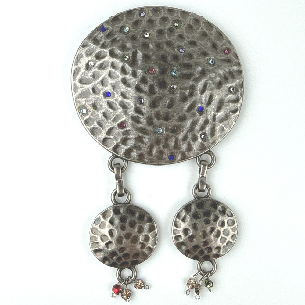 Vintage Brooch Bold Silver Tone Hammered Metal Multi-Color Rhinestone Dangle Pin